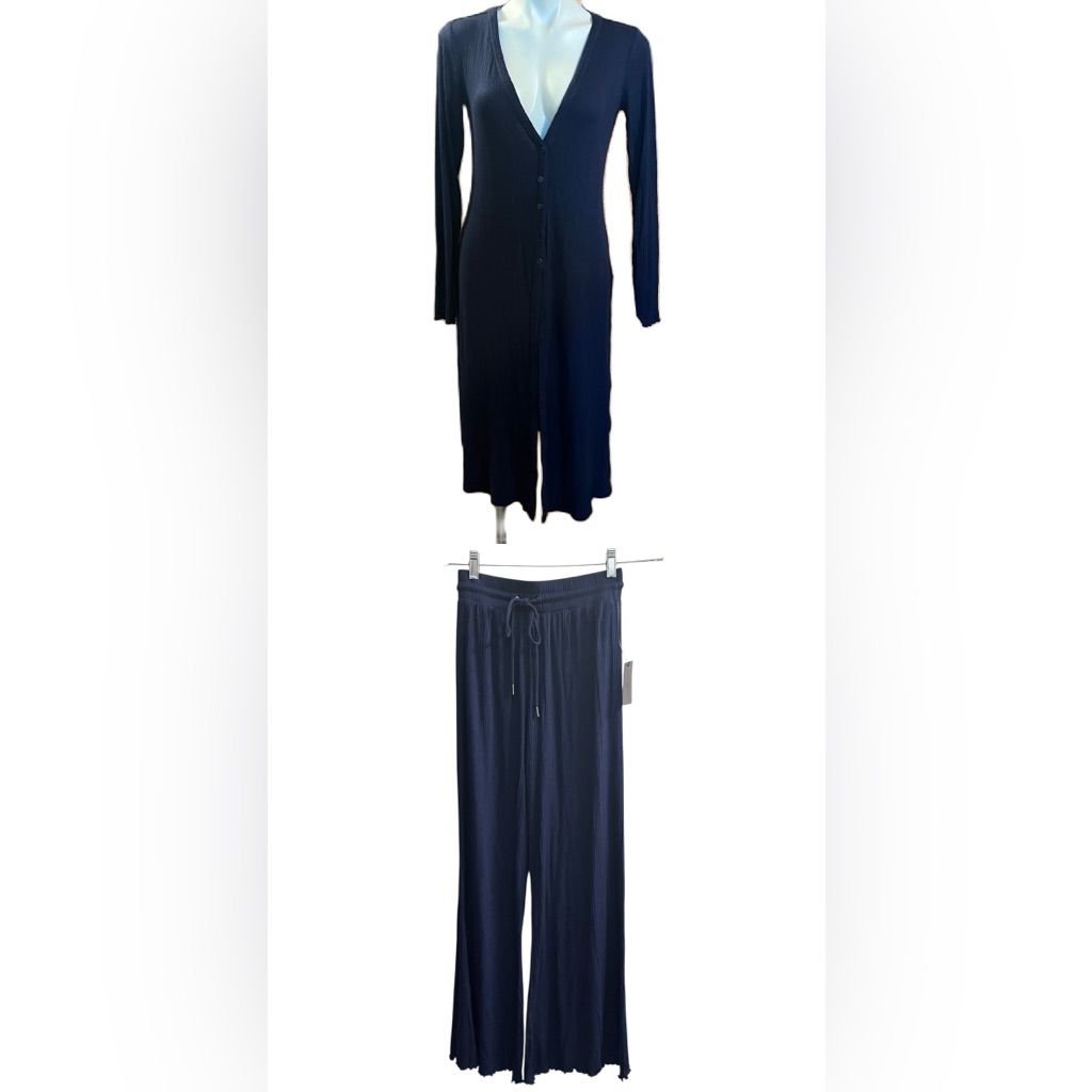 Anthropologie Nwt Daily Practice Navy Blue V-Neck Duster And Pants Set Xs